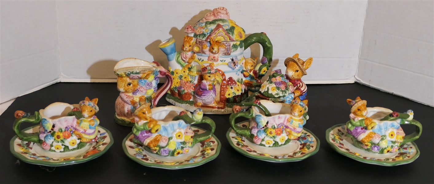 Precious Bunny Rabbit Tea Set - Tea Pot, Cream, Sugar, and 4 Cup and Saucer Sets 