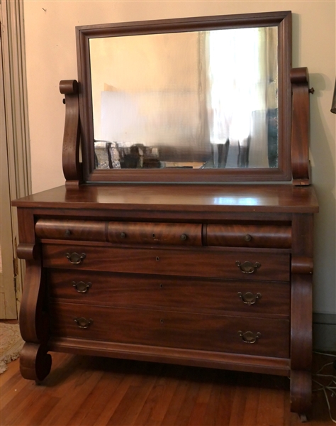 Flame Mahogany Empire Style Dresser - Rolled Top Drawers - Scrolled Legs and Mirror Holder - 3 Drawers over 1 Drawer Over 2 Drawers - Dresser Base Measures - 37" Tall 55" by 27"  - Missing Small...