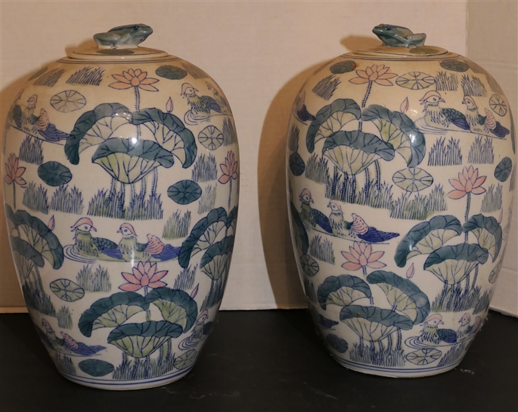 Pair of Chinese Jars with Lids - Lilly Pad Motif with Frog Finials on Lids - Each Jar Measures 13" Tall 