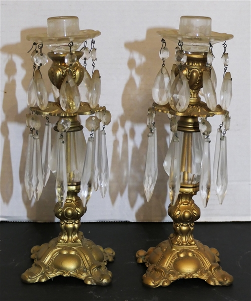 Pair of Gold Tone Metal Candle Sticks Loaded with Crystals - each Candle Stick Measures 10" Tall - Top Cups Can Be Removed