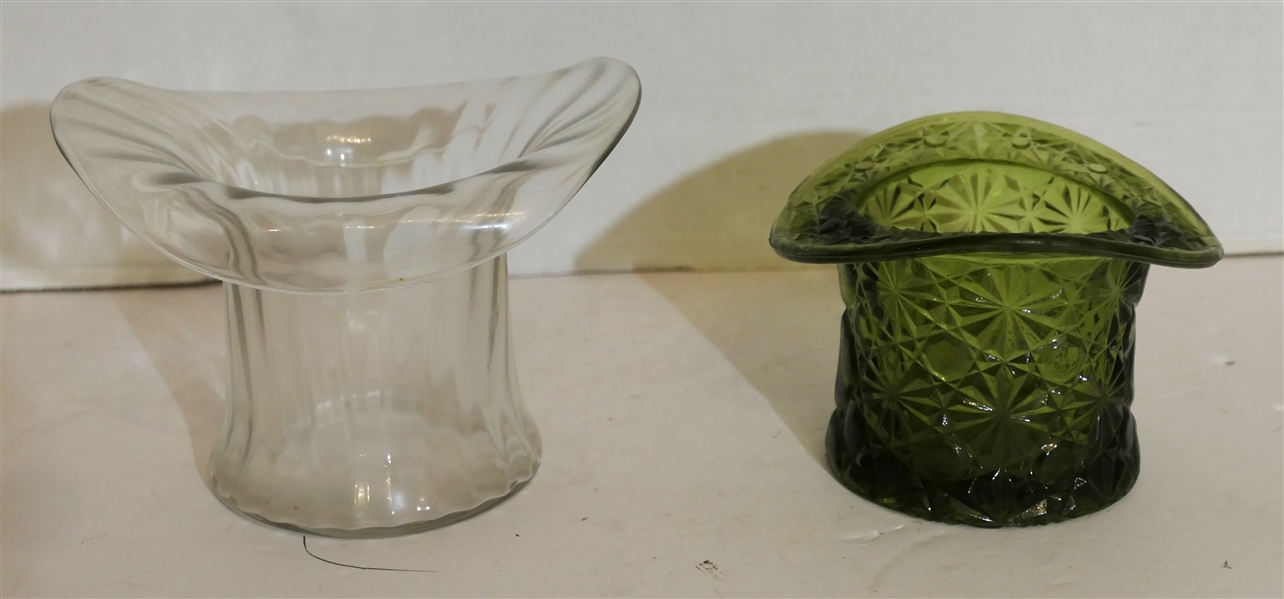 Olive Green Daisy and Button Hat and Clear Glass Ribbed Top Hat - Green Measures 3 1/2" Tall 5" Across - Clear Measures 4 1/4" Tall 