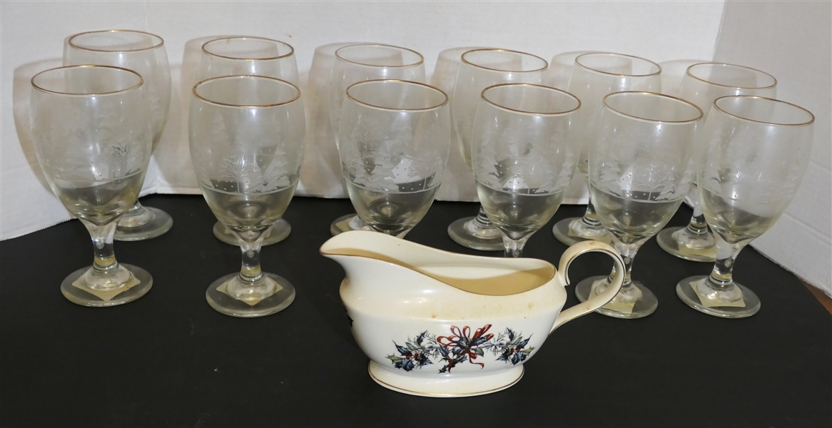 12 Libbey Glass Christmas Goblets - All New with Original Sticker  and Lenox "Winter Greetings" Gravy Boat 