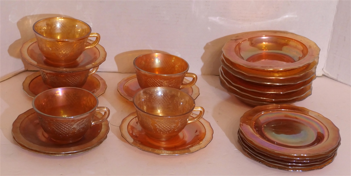 23 Pieces of Marigold Carnival Cups, Saucers, Bowls, and Small Plates 