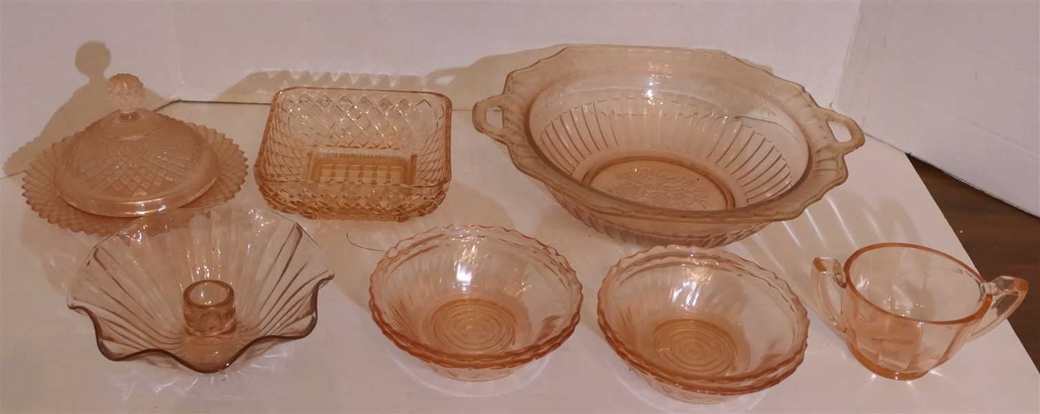 9 Pieces of Pink Depression Glass  -Round Butter Dish, Large Bowl, Sugar Bowl, and Berry Bowls