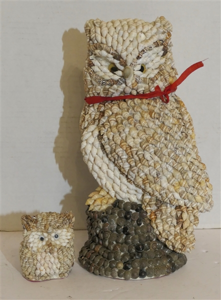 2 Sea Shell Mosaic Owls - Covered in Shells - Larger Measures 12" Tall Smaller Measures 2 3/4" Tall - Few Shells Missing on Bottom of Larger Owl 