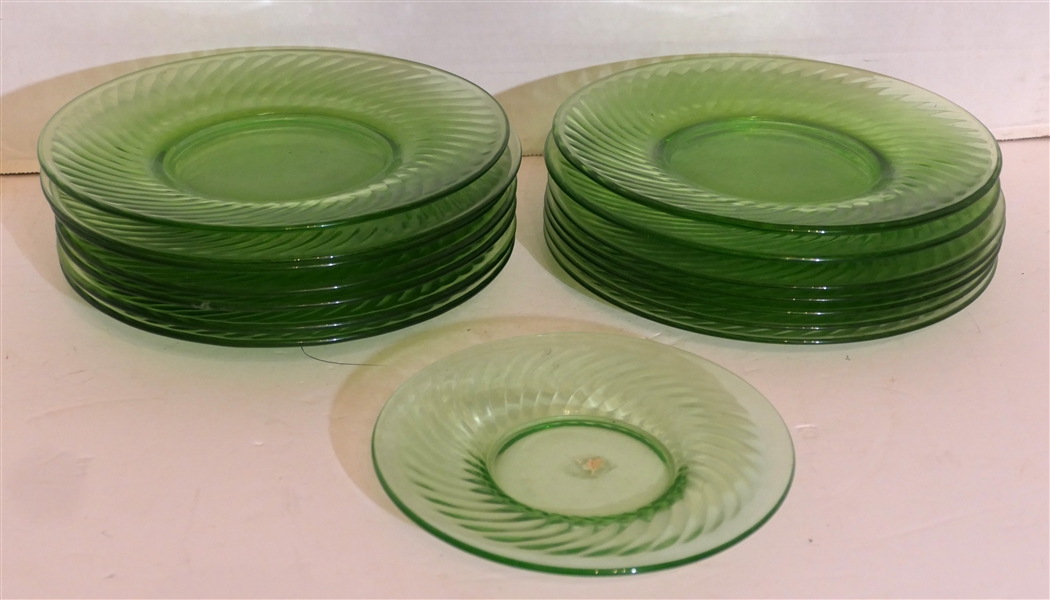 15 Green Swirl Depression Uranium Glass Plates14 -  8" and 1 - 6" 