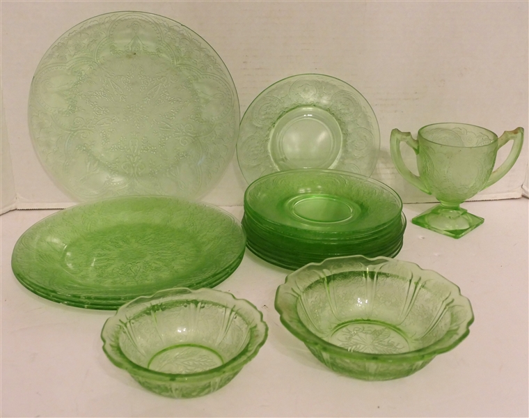 17 Pieces of  Green Depression Uranium Glass including Bowls, Open Sugar Dish, and 4 Spoke Plates - 1 Spoke Plate is Chipped 