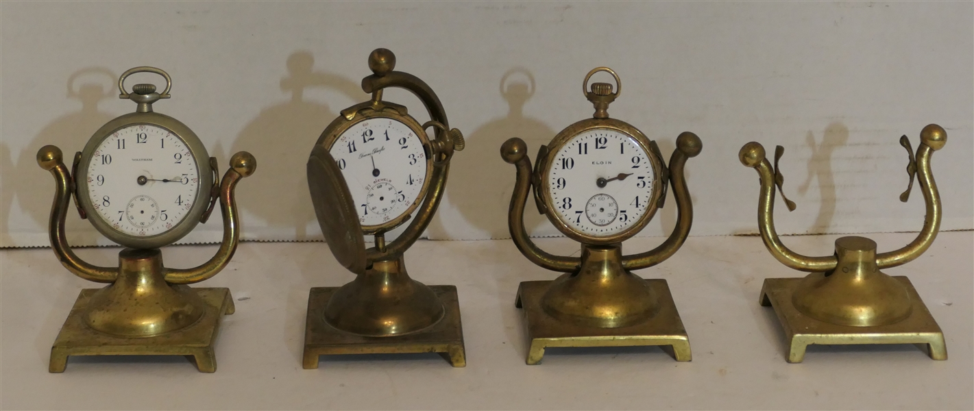 4 Brass Pocket Watch Holders with 3 Pocket Watches - All Need Crystals  - Trans Pacific 21 Jewel, Waltham, and Elgin 