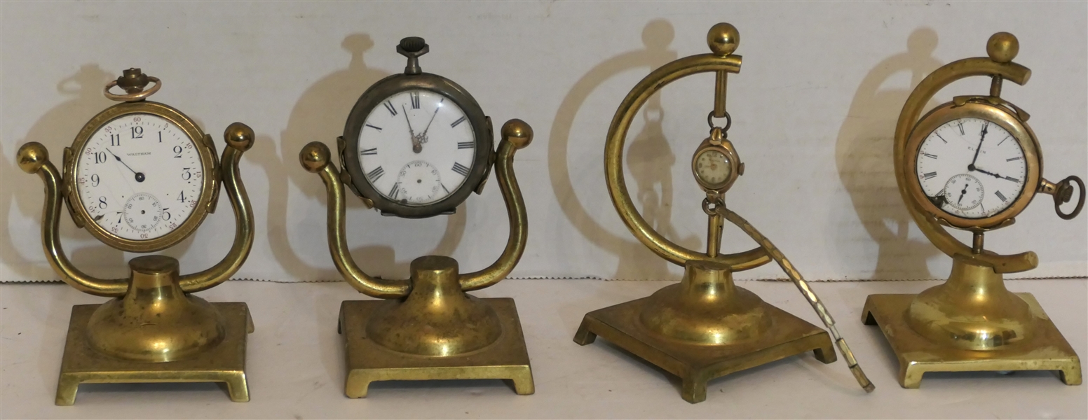 4 Brass Pocket Watch Holders with 3 Pocket Watches and 1 Ladies Wrist Watch - Elgin, Waltham, Bulova 