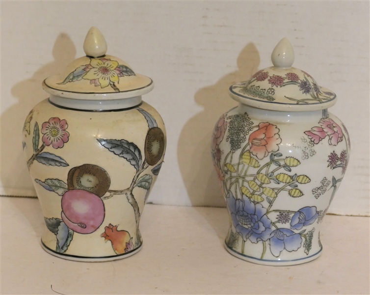 2 Miniature Ginger Jars - One with Fruits and One with Flowers - Fruit Jar Measures 6 1/2" Tall 