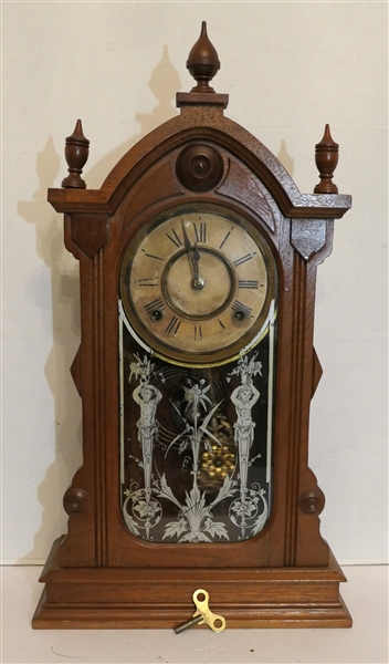 Pretty Walnut Mantle Clock with Beautiful Pendulum and Glass Door - Running - Clock Measures 22 1/2" tall 12 1/2" by 5" 