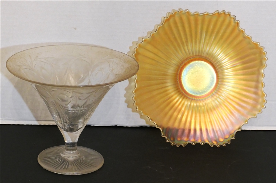 Marigold Carnival Glass Plate and Beautiful Elegant Glass Vase - Carnival Plate Measures 9 1/2" Across