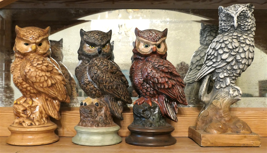 4 Owl Statues - 3 Ceramic and Largest Chalk - Chalk Owl Measures 14"