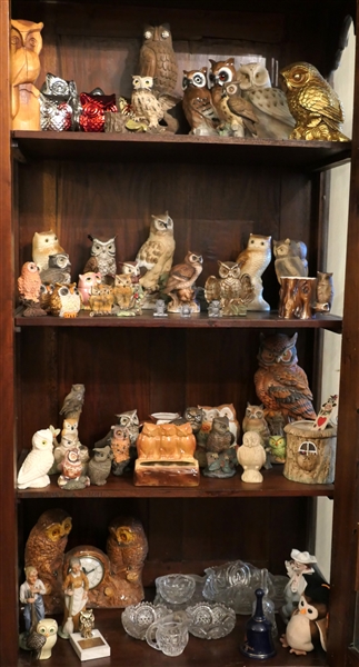 Contents of Display Cabinet including Owl Collection, Clocks, Figurines, Hand Carved Wooden Owls, Banks, Glassware, and Beanie Baby 