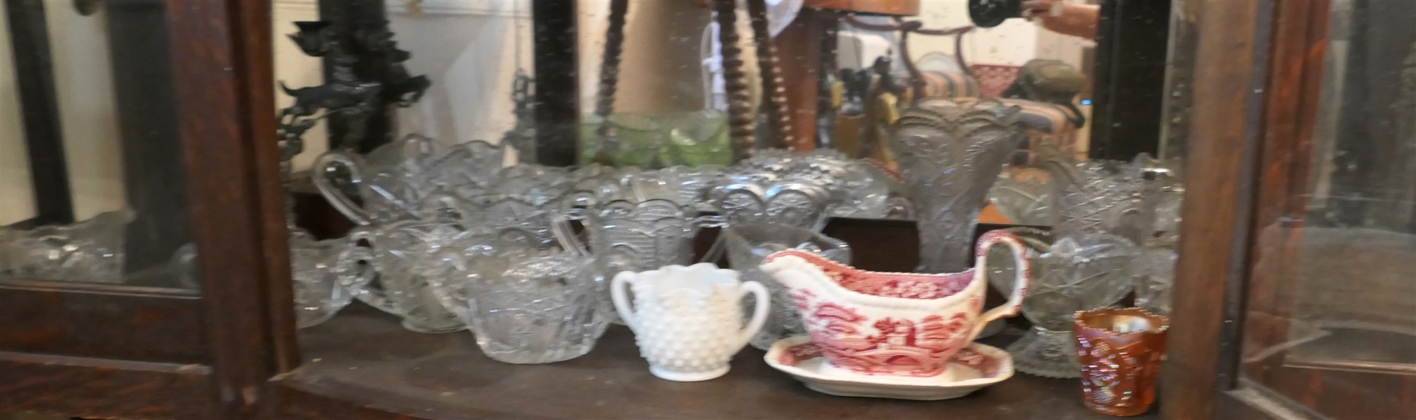 Shelf Lot including Red Willow Gravy, Early American Press Glass, Hobnail, Etc. 