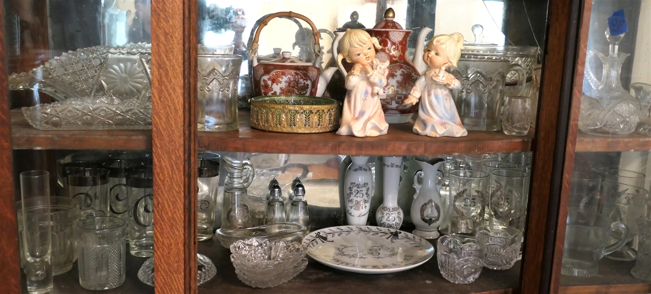 Contents of 2 Shelves including Figurine Early American Press Glass, Cruet, 25th Anniversary Glassware, Salt and Peppers, Plates, EAPG Cream and Sugar, Etc. 