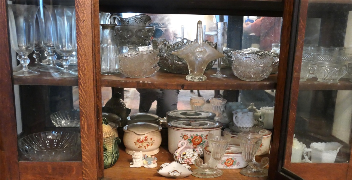 Contents of 2 Shelves including Early American Press Glass, Milk Glass, Hobnail, Bowls, Pin Cushion, Mikori Ware Hand Painted Covered Dishes, Etc. 