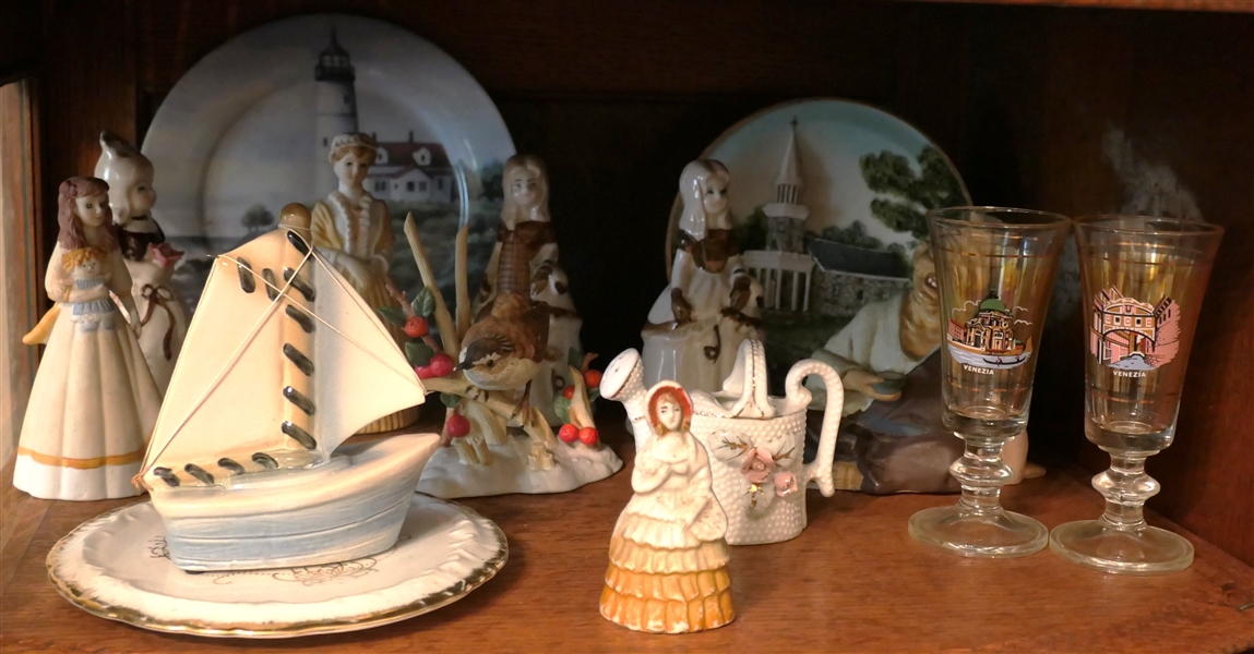 Shelf Lot including Lenox Bird Figure, Cordials, Sail Boat, Collectors Plates, Etc. 