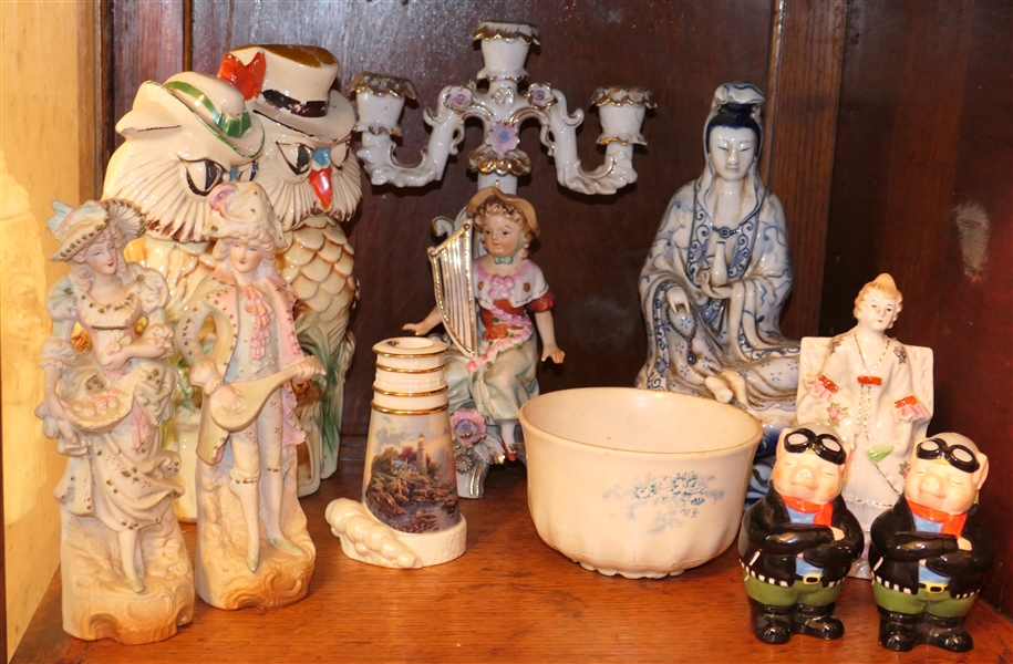 Shelf Lot including Lenox Light House, Pig Salt and Pepper, Bowl and Figures