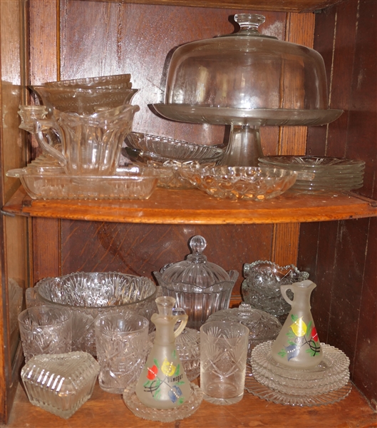 2 Shelves of Clear Glassware including Cruets, Cakes Stand, Bowls, Trinket Box, Candy Jar, EAPG, Etc. 