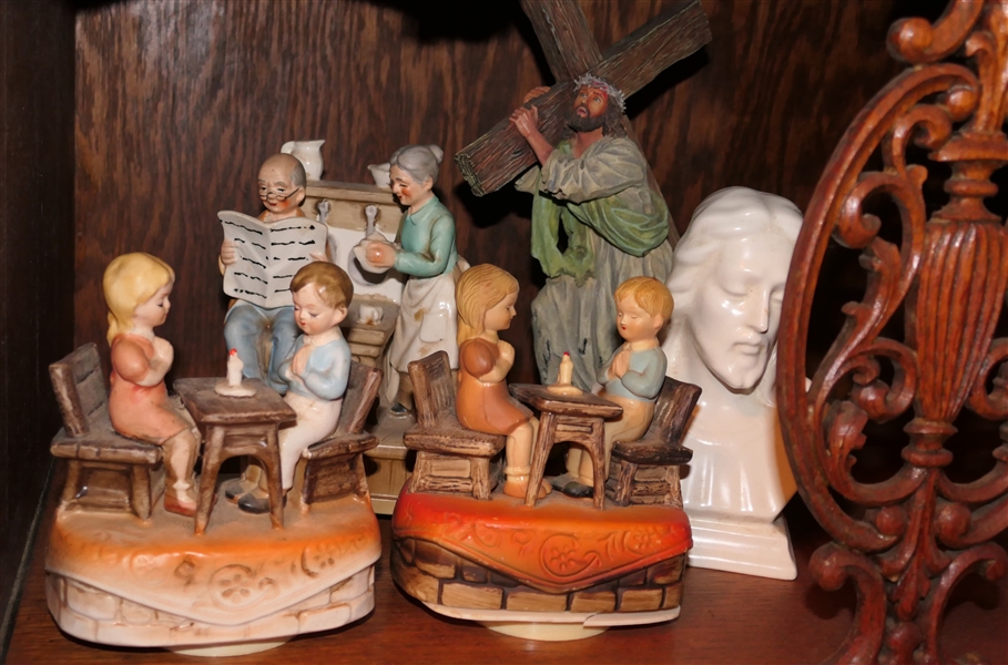 3 Ceramic Music Boxes, Bust Figure, and Religious Statue