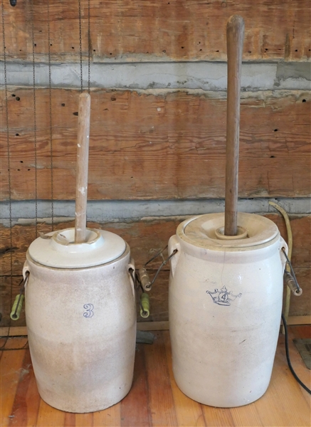 3 and 4 Gallon Stone Churns with Lids - Lids are Broken and No Dashers - Only Sticks For Display 