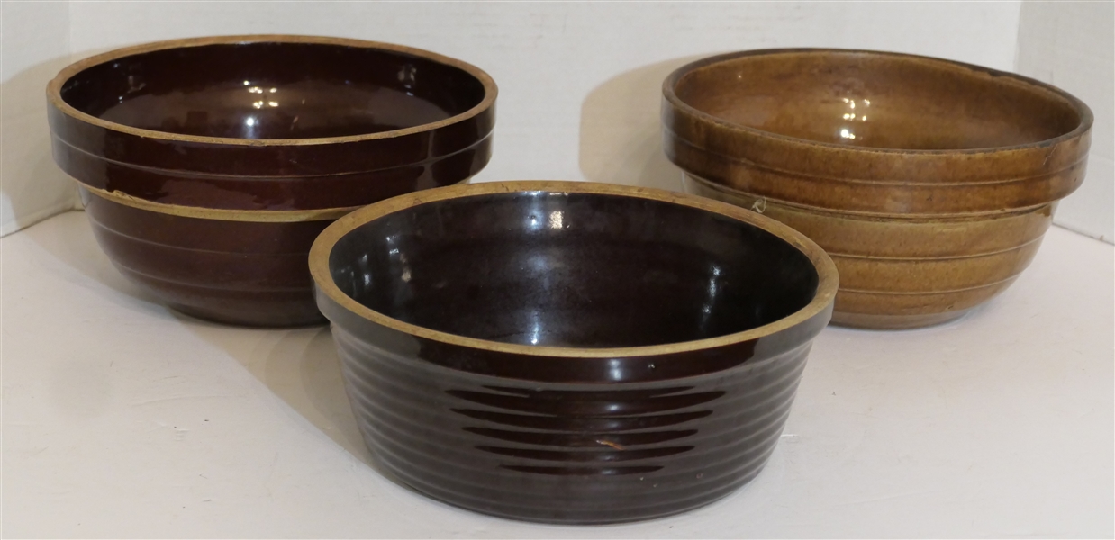 3 USA 9" Stone Mixing Bowls - 2 Brown and 1 Tan 