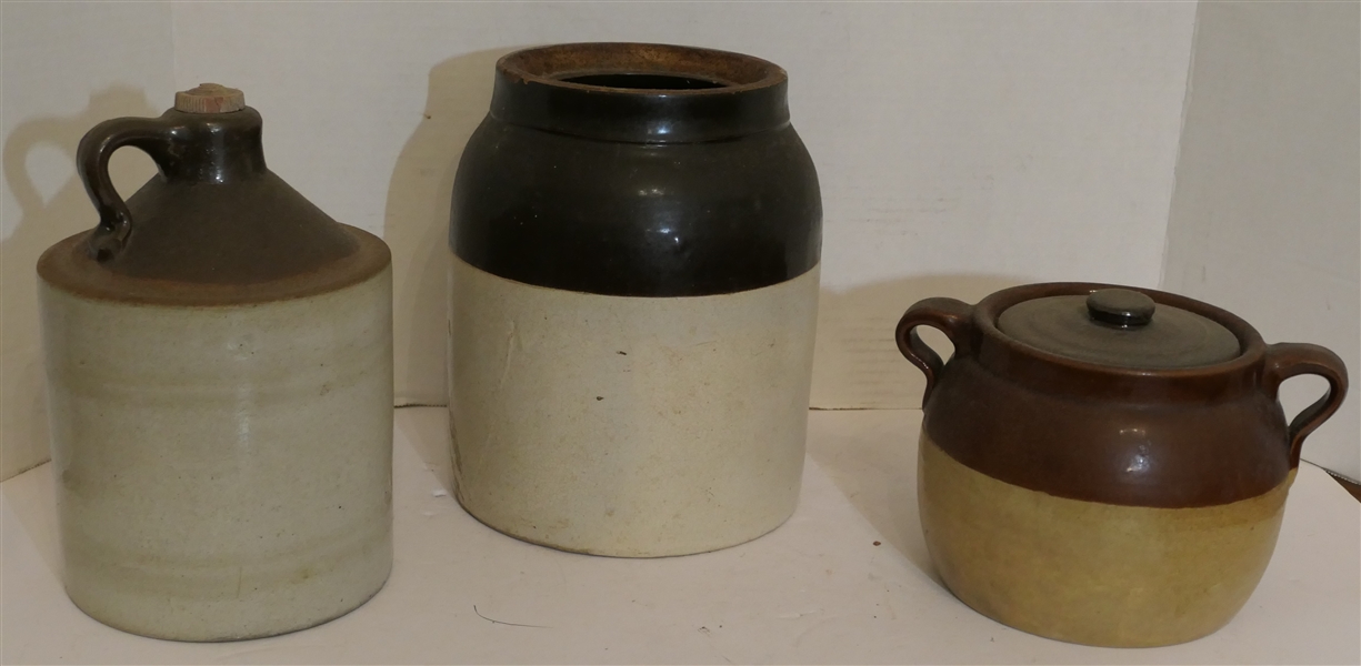 Stoneware Lot Including Brown and White Stone Jug, Brown and White Storage Jar, and Brown and Tan Bean Pot with Lid 