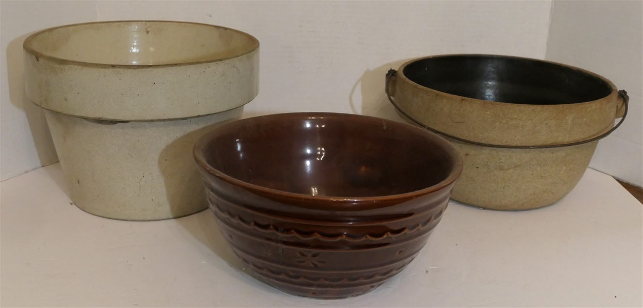 Stoneware Lot Including Brown Mixing Bowl, Unusual Planter Shaped Bowl, and Stone Bowl with Metal Handle - Brown Bowl Measures 9" Across