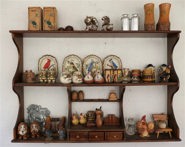 Wood What Not Shelf with Bird Plates and  Salt and Pepper Shaker Collection, Wood Eggs, Rooster, Squirrels, Etc. - Shelf Measures 24" Tall 37" by 12" 