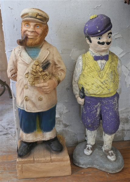 Concrete Golfer Statue and Chalk Sea Captain Statue - Captains Head is Cracked - Golfer Measures 23" Tall 