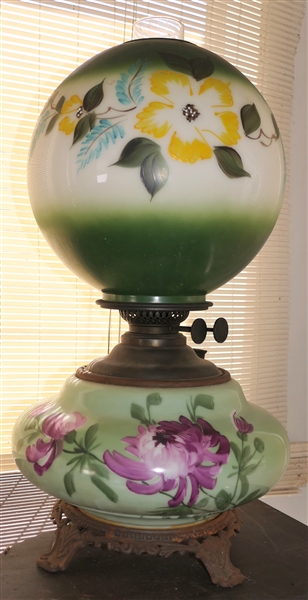 Gone with The Wind Double Burner Oil Lamp - Hand Painted Shade and Font - Not Electrified - Lamp Measures 20" Tall 