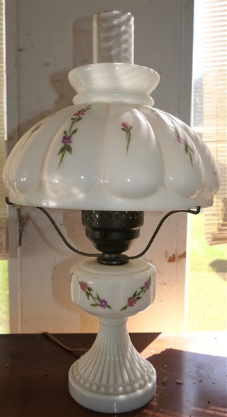 Milk Glass Lamp with Glass Shade - Hand Painted Flowers - Lamp Has Been Electrified But is Missing Switch 