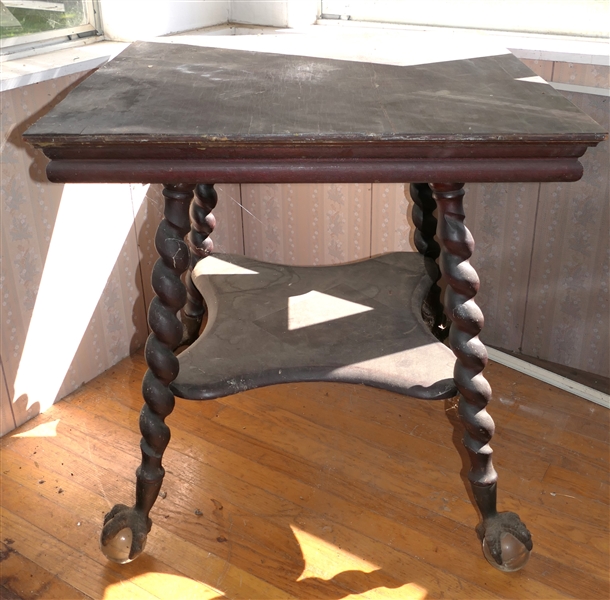 Mahogany Finish Center Table with Huge Glass Ball and Claw Feet  -Barley Twist Legs - Table Measures 29" Tall 28" by 28" - Legs Need Tightening and Top Finish is Rough 