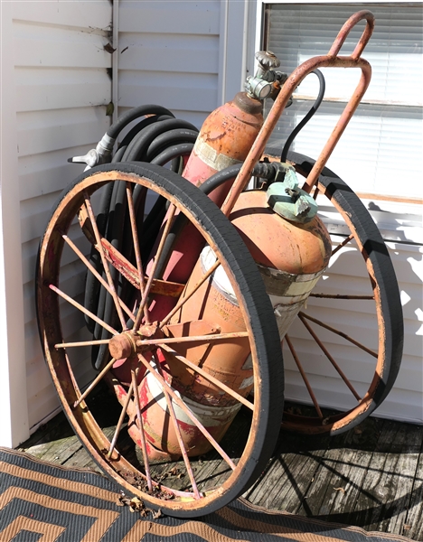 Antique Dry Chemical Fire Extinguisher on Rolling Iron  Cart - Large Iron Wheels - with Hose - Wheel Diameter is 36"