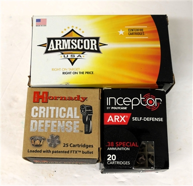 38 Special Bullets - Full Box of 50 Armscor 158 Grain Full Metal Jacket, Full Box of 20 Inceptor ARX Self - Defense .38 Special, and 18 Hornady Critical Defense .38 Special 110 gr FTX