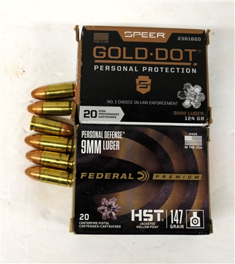 9mm Bullets including Full Box Federal 9mm Luger Personal Defense, Full Box Gold Dot Personal Protection 9mm Luger, and 6 - 9mm Luger WIN Bullets