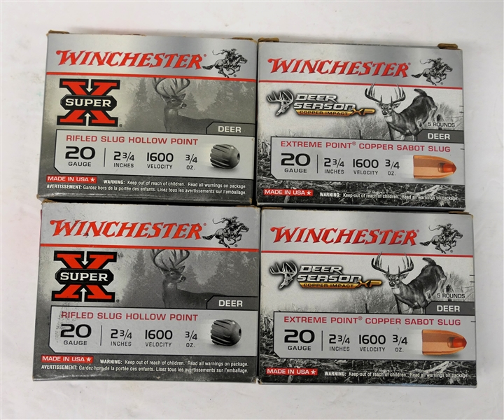 4 Boxes of Winchester 20 Gauge Rifled Slug Hollow Point Shells - 2 3/4 Inches 3/4 Oz - 5 Shells Per Box 