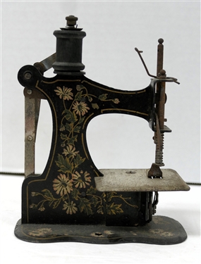 Antique German Childs / Miniature Sewing Machine - Number 595815 - Metal Sewing Machine with Hand Painted Flowers - Functions - Machine Measures 5 1/2" Tall 