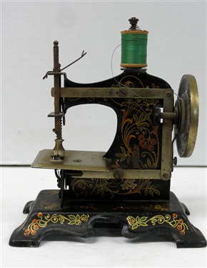 Made in Germany Metal Childs / Miniature Sewing Machine - No. 36516 - Hand Painted with Birds, Leaves, and Berries - Crank Driven - Machine Measures 6 1/2" Tall 