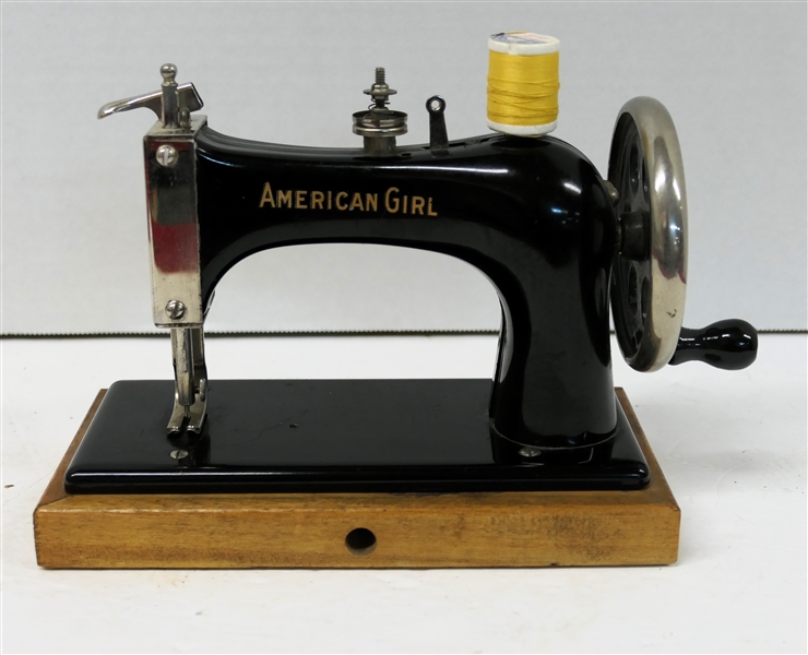 "American Girl" Childs Sewing Machine - Crank Driven - Great Graphics  - Machine Measures 6 1/2" Tall 