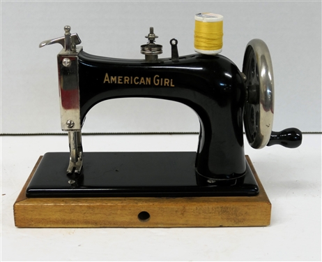 "American Girl" Childs Sewing Machine - Crank Driven - Great Graphics  - Machine Measures 6 1/2" Tall 