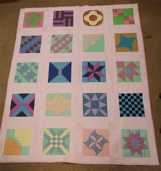 Mixed Pattern Quilt by Mildred Graham 1985 - Featuring Examples of Many Styles of Pieced Quilts - Light Pink Border - Hand Quilted - Measures 88" by 69" 