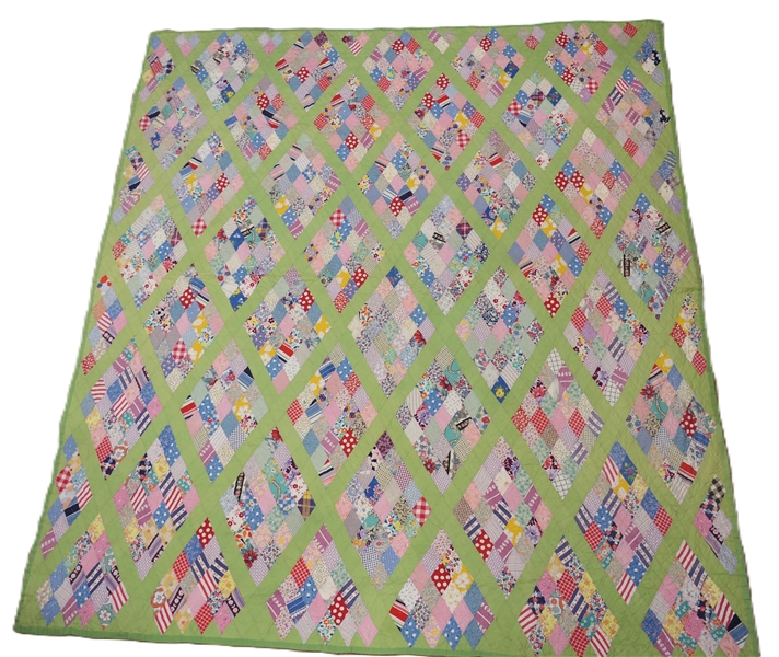 Very Thin Diamond Pattern Quilt - Hand Stitched and Pieced - Great Colors - Quilt Measures 86 1/2" by 77" 