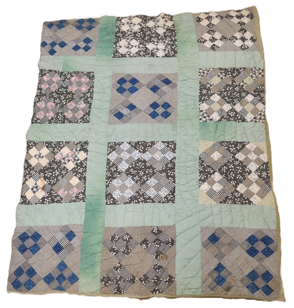 Unusually Colored Mint Green and Gray Quilt - Hand Stitched and Pieced - Some Small Damaged Areas - Quilt Measures 77" by 59" 