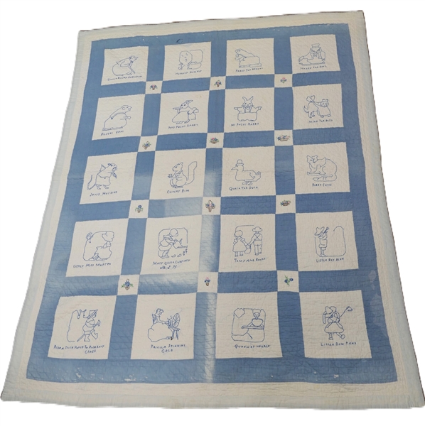 Very Thin Hand Stitched Quilt with Hand Cross Stitch / Embroidered  Nursey Rhyme Characters, Poems, and Flowers  - Quilt Measures 77" By 61" 