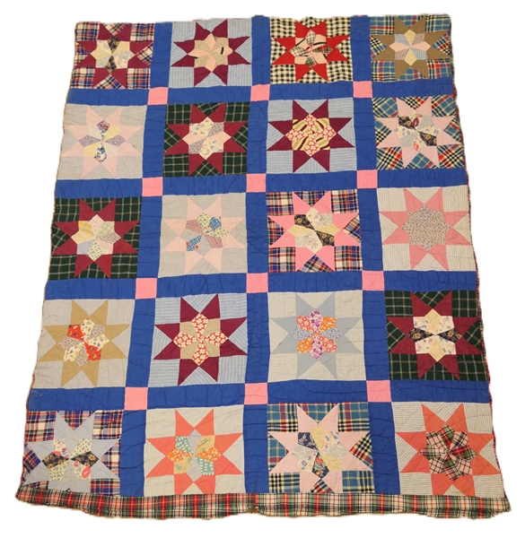 Star / Sun Pattern Quilt with Blue and Pink Boarder - Plaid Back - Some Overall Wear - Quilt Measures - 81" by 65" 