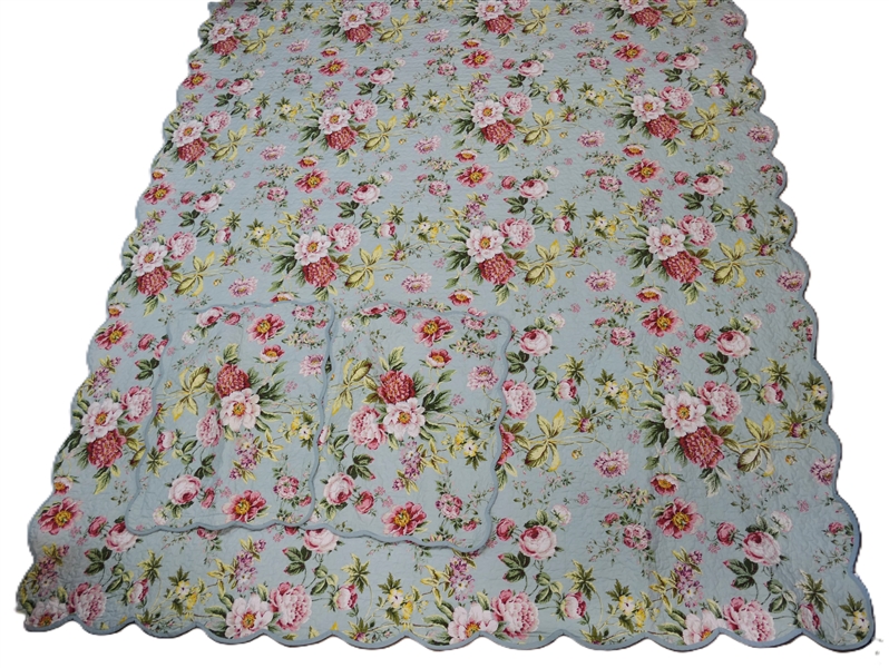 Beautiful King Size Quilt and Shams- Reversible  - Dorset Scent - Sation on Tag  - Blue with Pink Florals on One Side - Blue Lattice Pattern on Reverse 