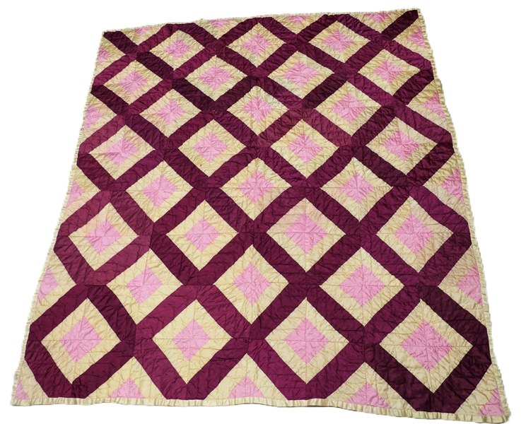 Pink, Burgundy, and Gold Hand Quilted Satin Quilt - Quilt Measures - 72" by 80"