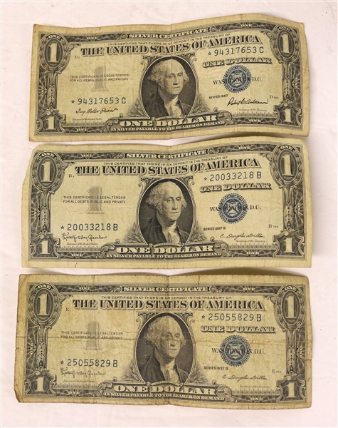 3 - Blue Seal $1 Dollar Bills - 1957 B, 1957 B, and 1957 